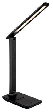 Moderne schwarze Tischleuchte mit schlankem, verstellbarem Arm, seitliche Perspektive