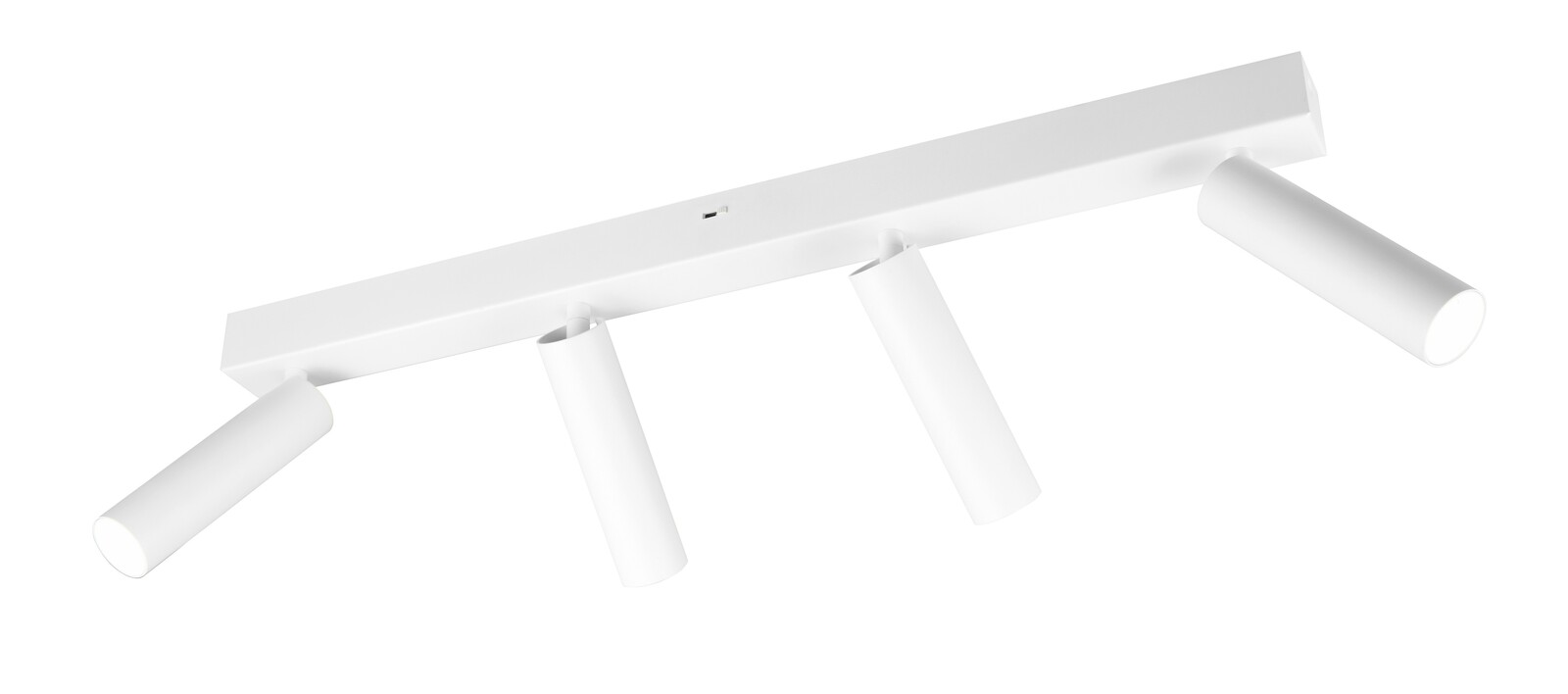 Weißer Deckenstrahler mit vier verstellbaren Spots, seitliche Perspektive