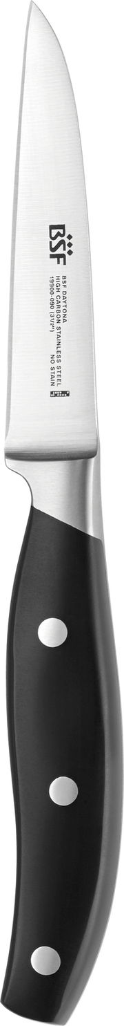 Gemüsemesser mit schwarzem Griff und silberner Klinge, seitliche Ansicht