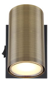 Zylindrischer Strahler in Altmessing-Optik, frontal abgebildet, mit schwarzer Wandhalterung.