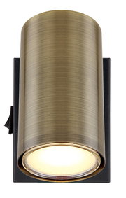 Zylindrischer Strahler in Altmessing-Optik, frontal abgebildet, mit schwarzer Wandhalterung.