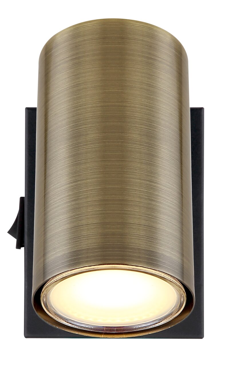 Zylindrischer Strahler in Altmessing-Optik, frontal abgebildet, mit schwarzer Wandhalterung.