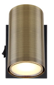 Zylindrischer Strahler in Altmessing-Optik, frontal abgebildet, mit schwarzer Wandhalterung.