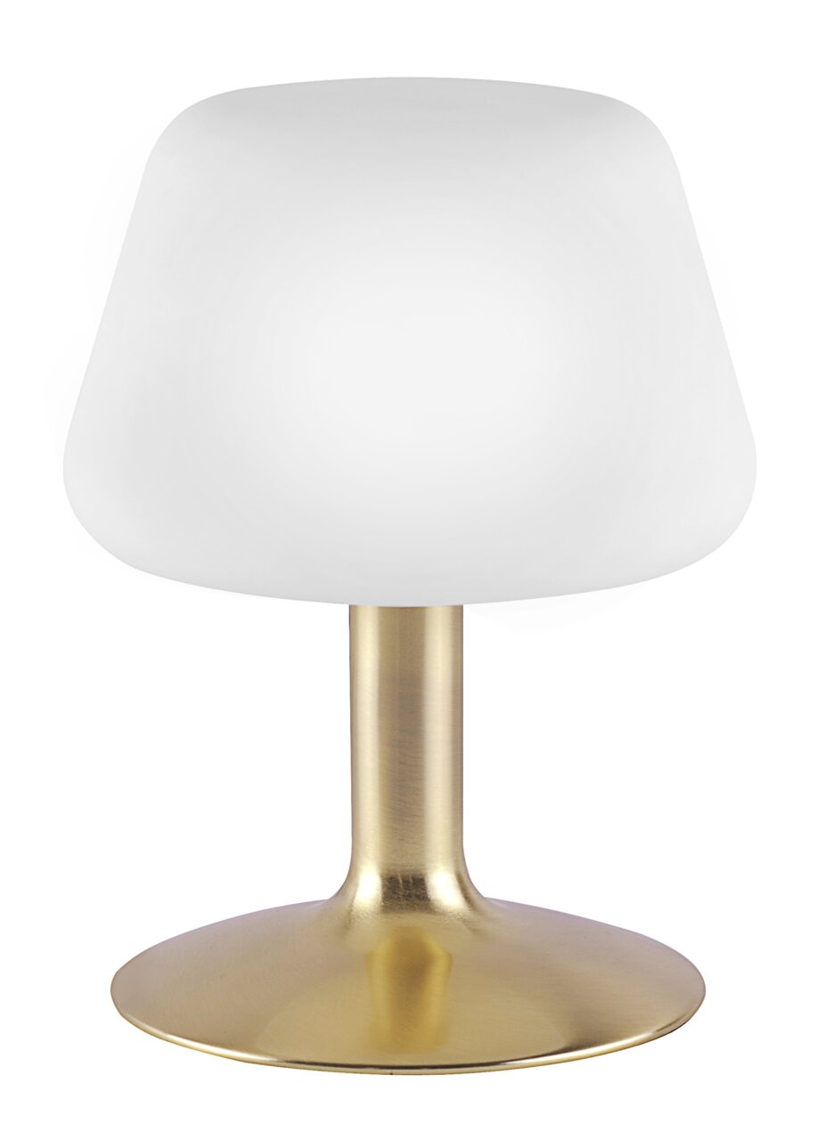 Tischleuchte mit mattem Messingfuß und weißem Lampenschirm, Frontalansicht