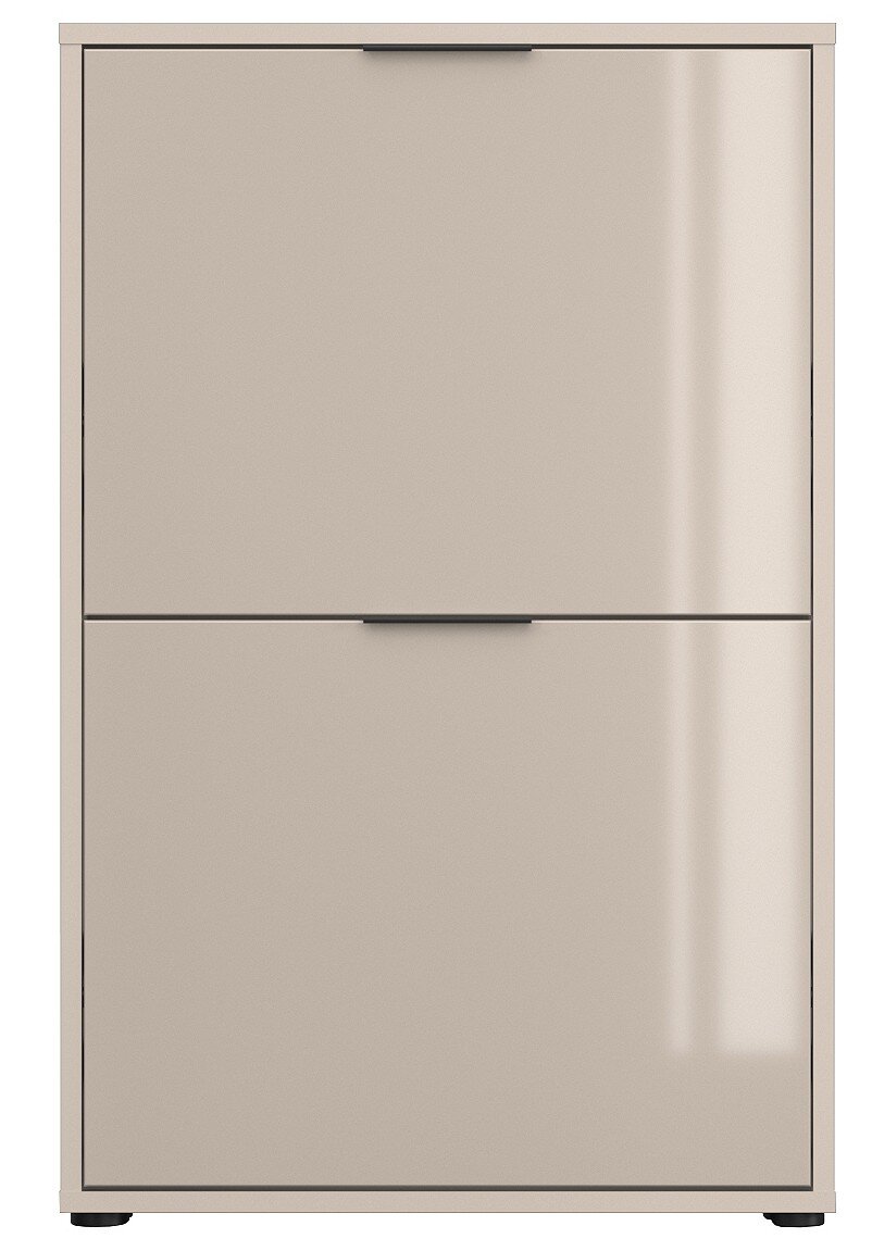 Beiger, minimalistischer Schuhschrank mit zwei Klapptüren und schmalen Griffleisten, Frontansicht.