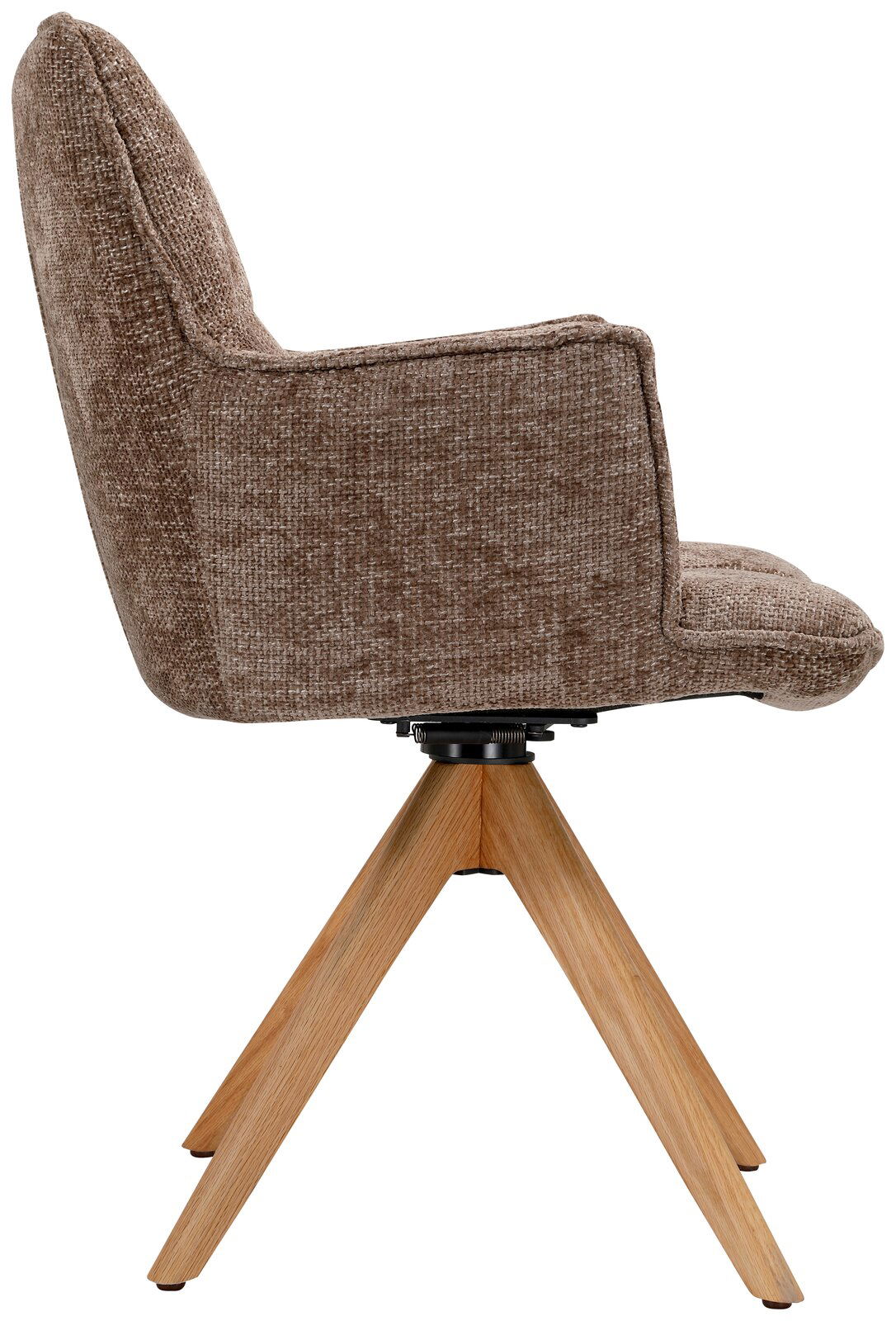 Seitenansicht eines Sessels mit braunem Stoffbezug und Holzbeinen