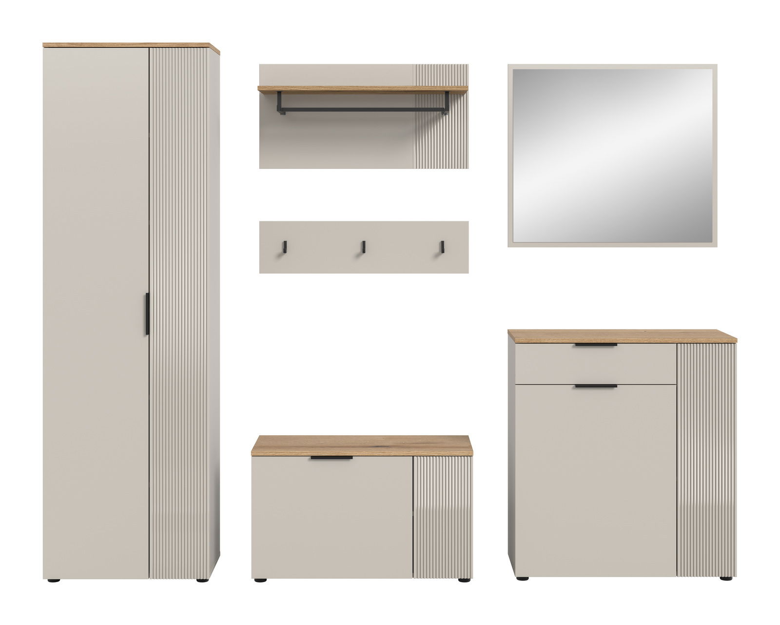 Garderobenkombination bestehend aus einem hohen Schrank, einer Wandgarderobe mit Haken, einem Wandregal, einem Spiegel und einer Kommode, frontal abgebildet.