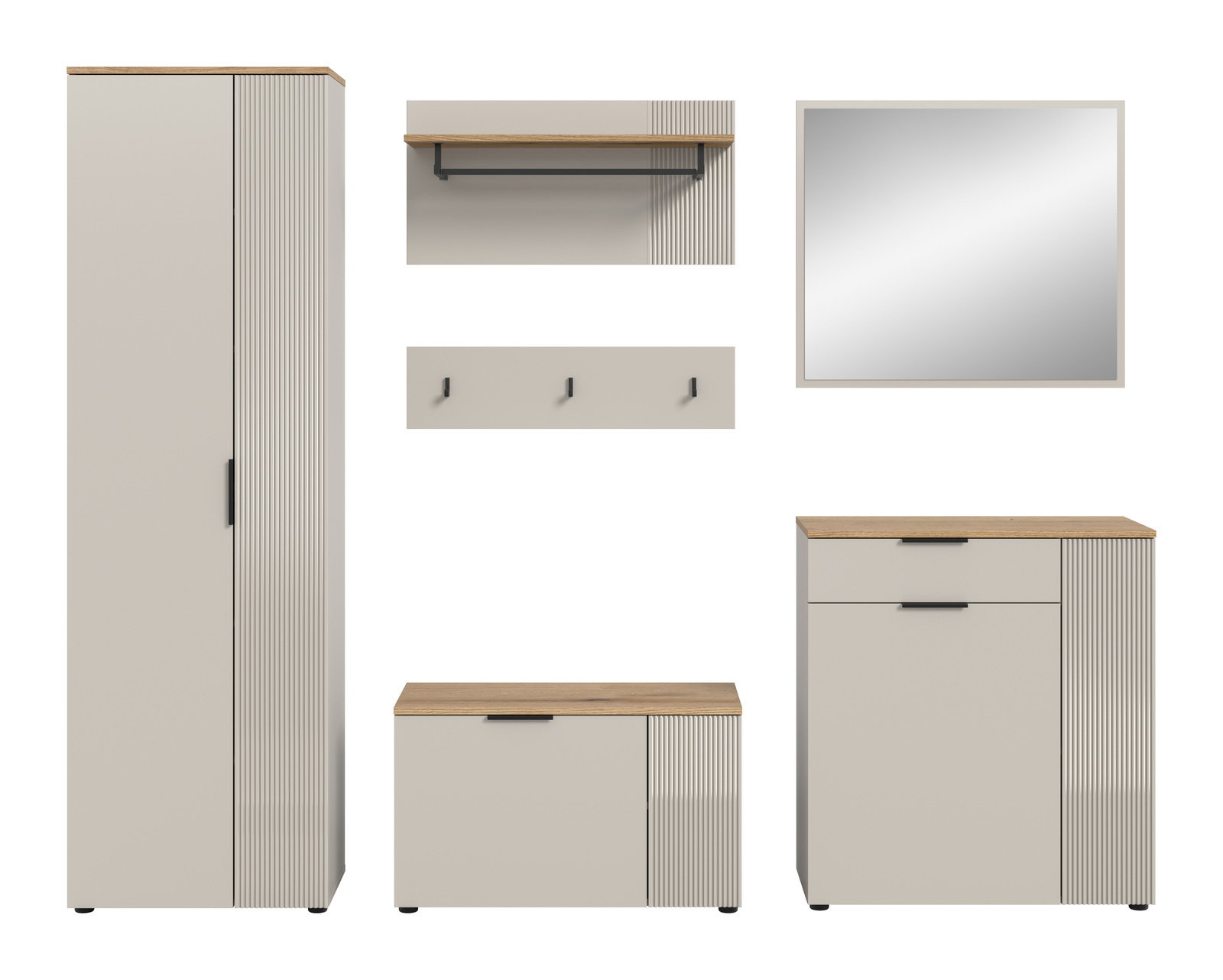 Garderobenkombination bestehend aus einem hohen Schrank, einer Wandgarderobe mit Haken, einem Wandregal, einem Spiegel und einer Kommode, frontal abgebildet.