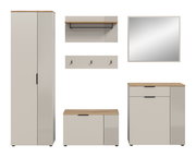 Garderobenkombination bestehend aus einem hohen Schrank, einer Wandgarderobe mit Haken, einem Wandregal, einem Spiegel und einer Kommode, frontal abgebildet.