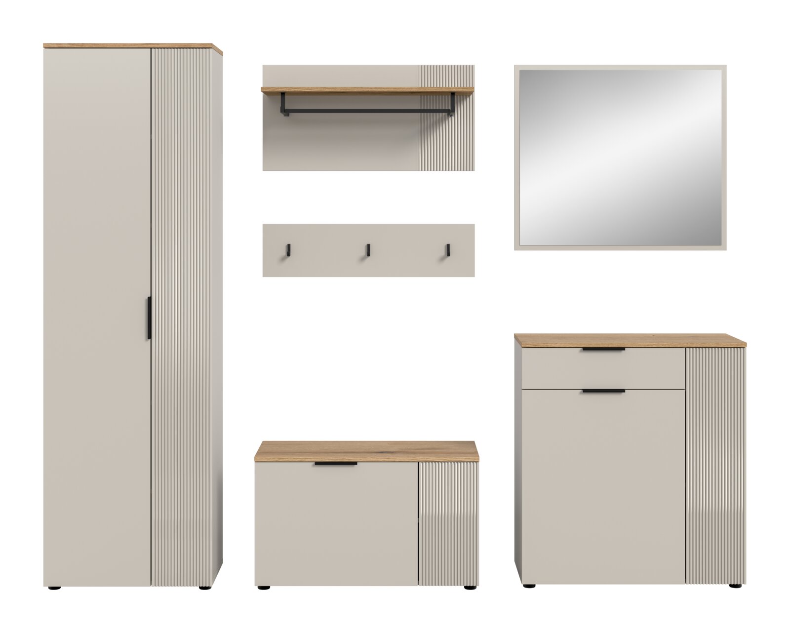 Garderobenkombination bestehend aus einem hohen Schrank, einer Wandgarderobe mit Haken, einem Wandregal, einem Spiegel und einer Kommode, frontal abgebildet.