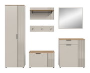 Garderobenkombination bestehend aus einem hohen Schrank, einer Wandgarderobe mit Haken, einem Wandregal, einem Spiegel und einer Kommode, frontal abgebildet.