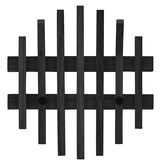 Garderobenpaneel aus dunklem Holz mit vertikalen und horizontalen Streben, frontale Ansicht