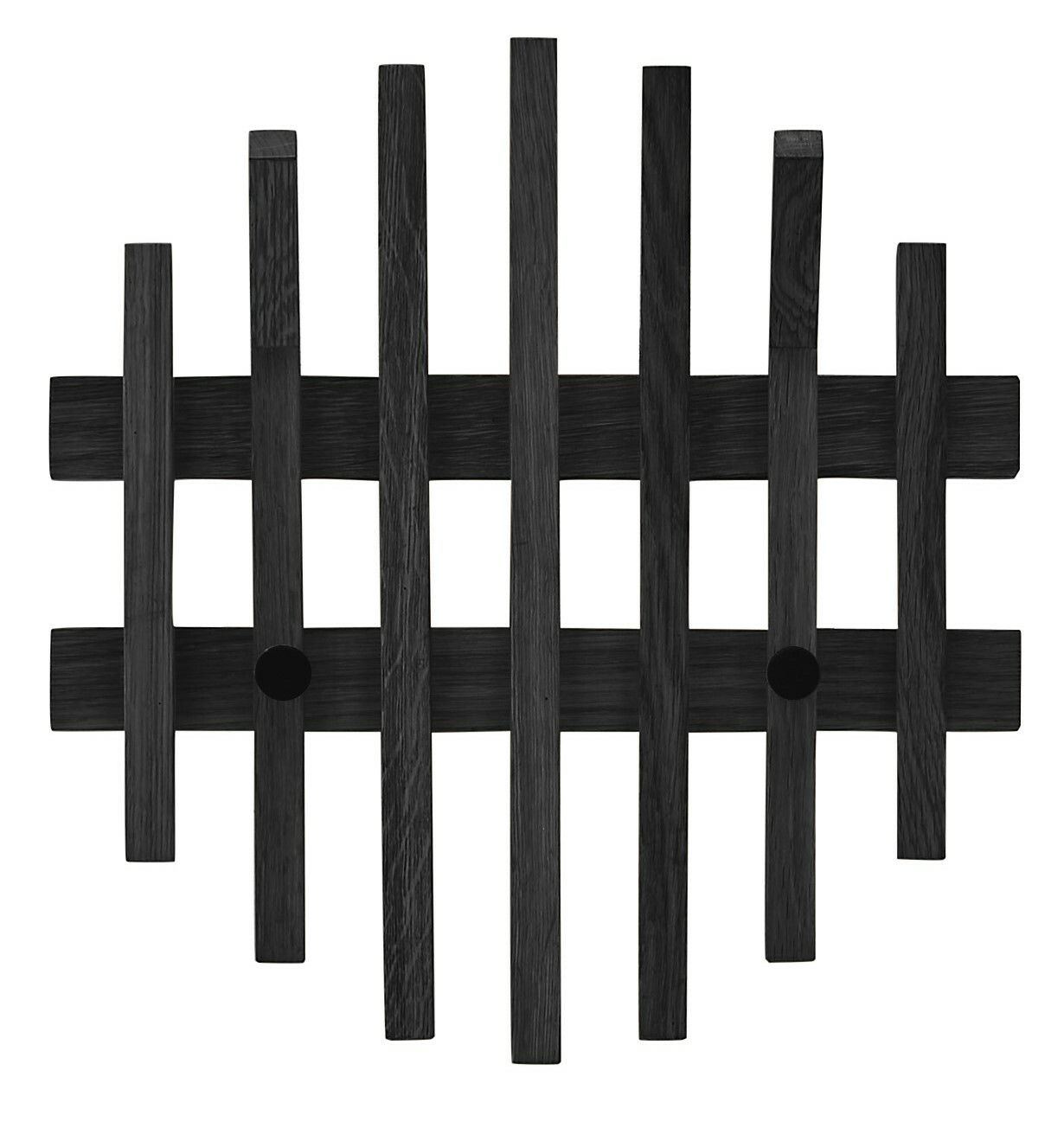 Garderobenpaneel aus dunklem Holz mit vertikalen und horizontalen Streben, frontale Ansicht