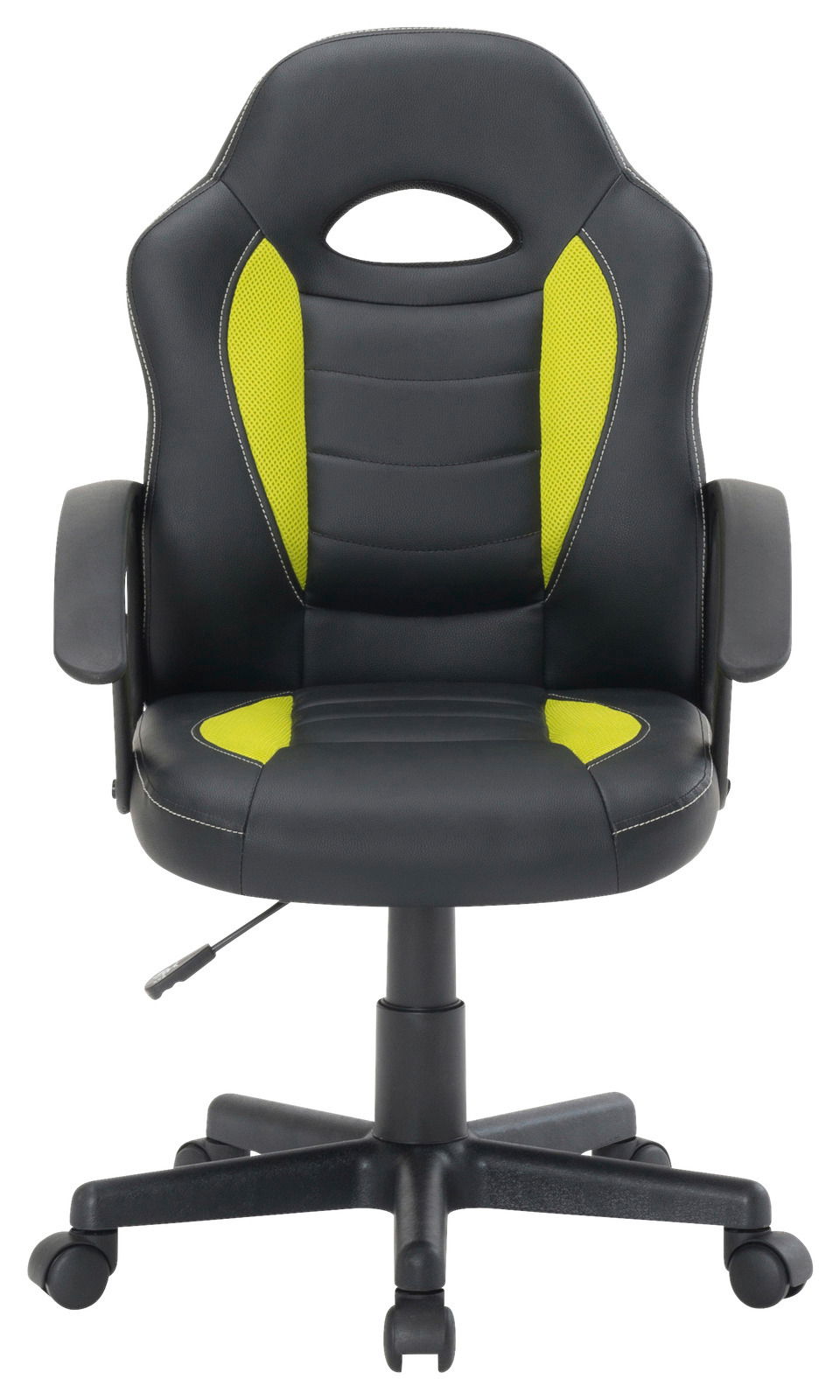 Vorderansicht eines Kinder Gaming Stuhls in Schwarz mit grünen Akzenten und Rollen.