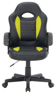 Vorderansicht eines Kinder Gaming Stuhls in Schwarz mit grünen Akzenten und Rollen.