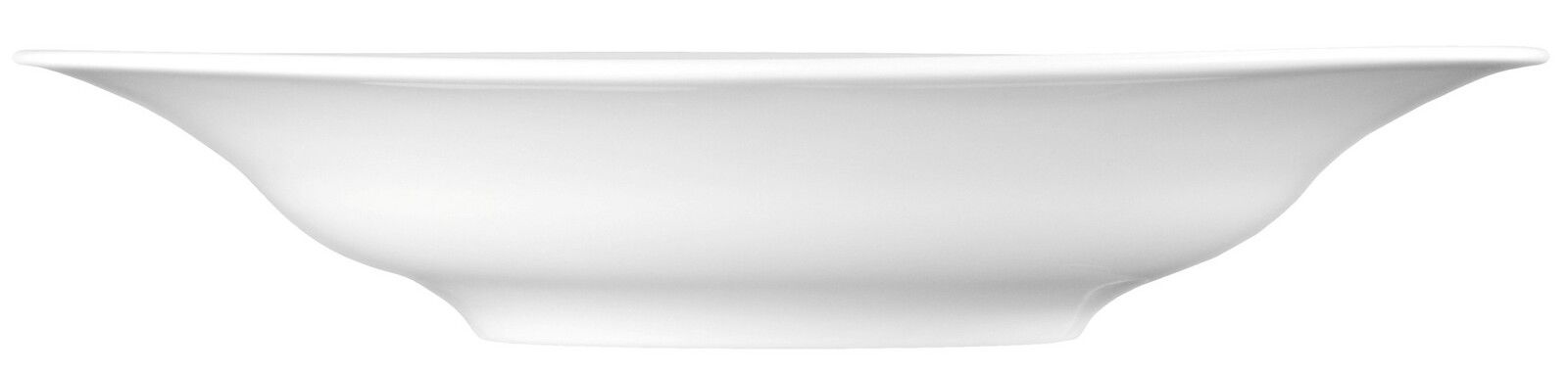 Seitliche Ansicht eines weißen Suppentellers, Modell Trio, 23 cm Durchmesser.