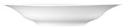 Seitliche Ansicht eines weißen Suppentellers, Modell Trio, 23 cm Durchmesser.