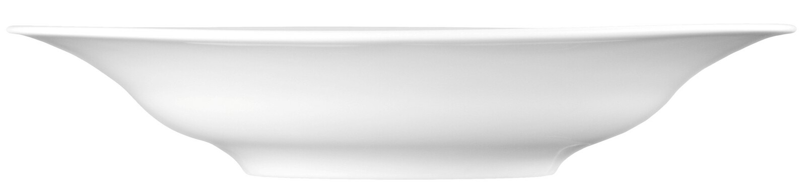 Seitliche Ansicht eines weißen Suppentellers, Modell Trio, 23 cm Durchmesser.