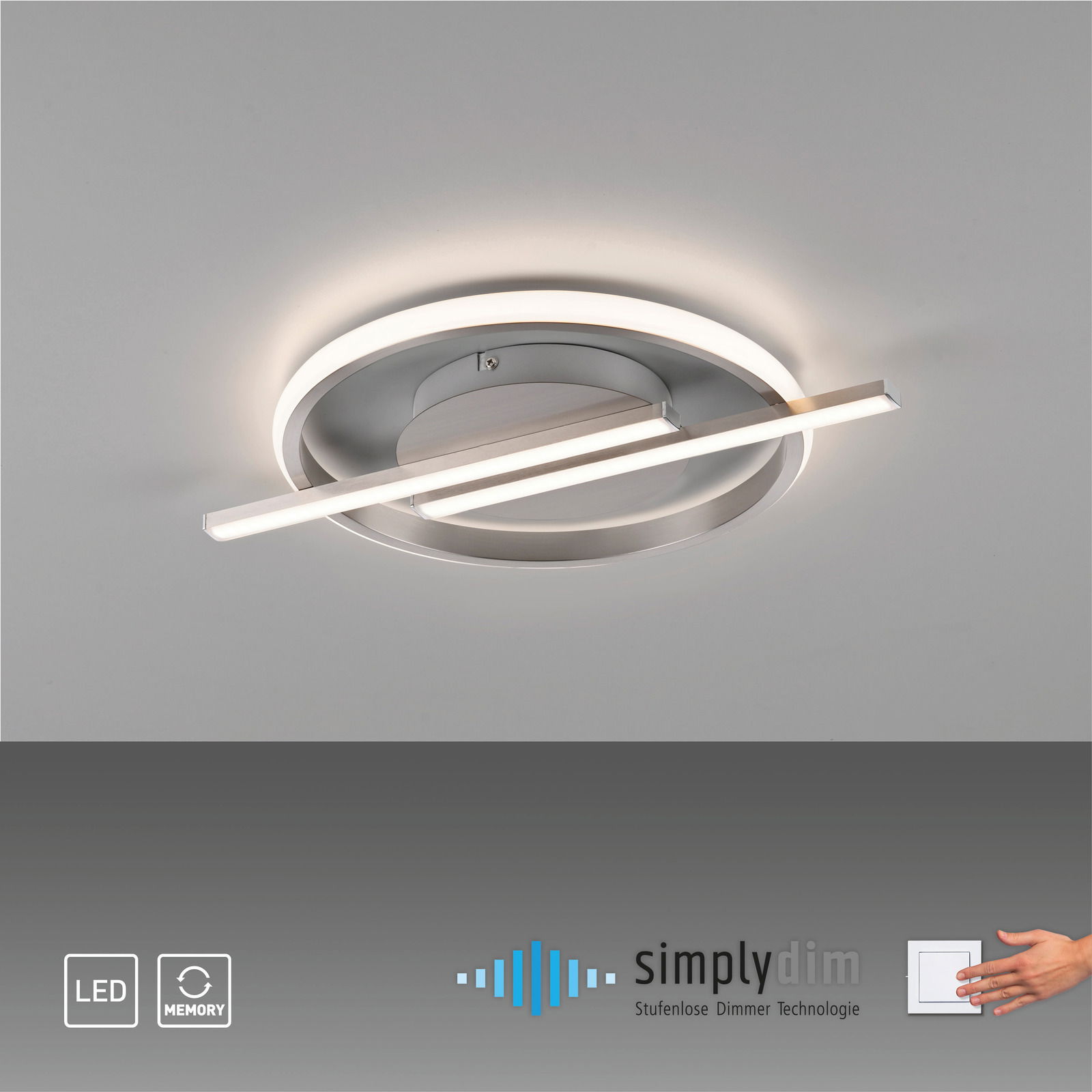 Moderne LED-Deckenleuchte mit kreisförmigem und linearem Design, seitliche Perspektive.