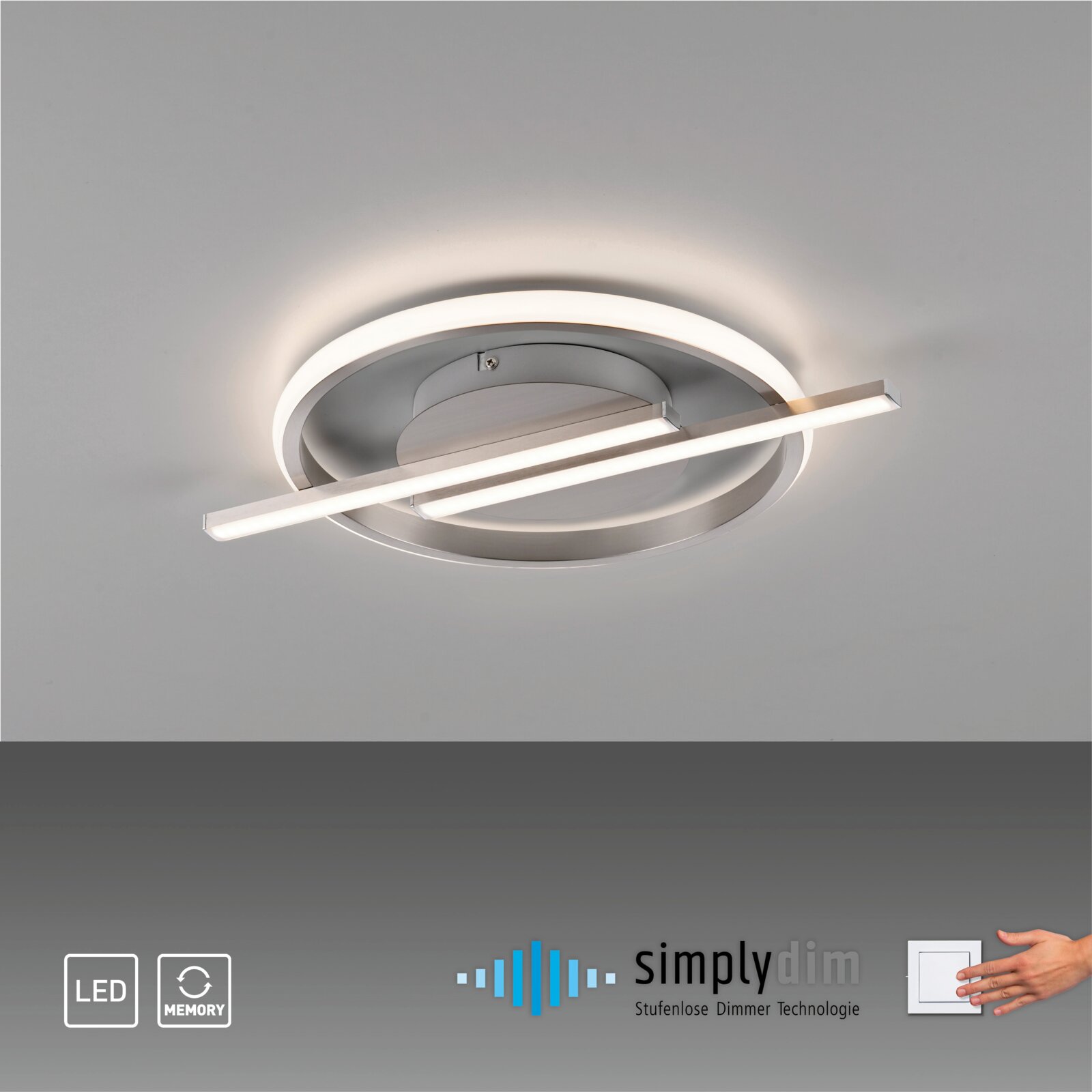 Moderne LED-Deckenleuchte mit kreisförmigem und linearem Design, seitliche Perspektive.