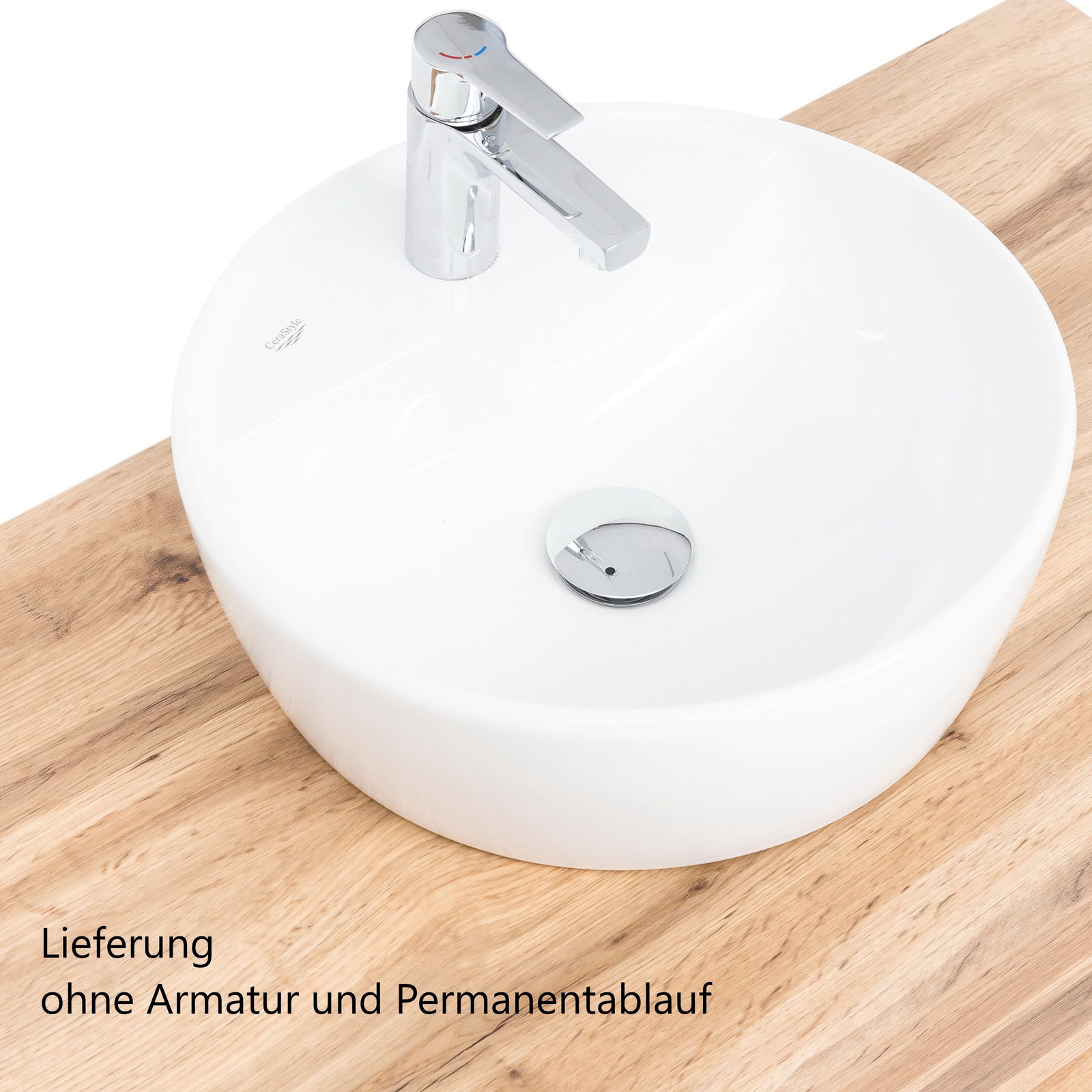 Runder, weißer Waschtisch auf Holzplatte, seitliche Perspektive