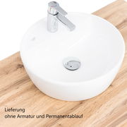 Runder, weißer Waschtisch auf Holzplatte, seitliche Perspektive