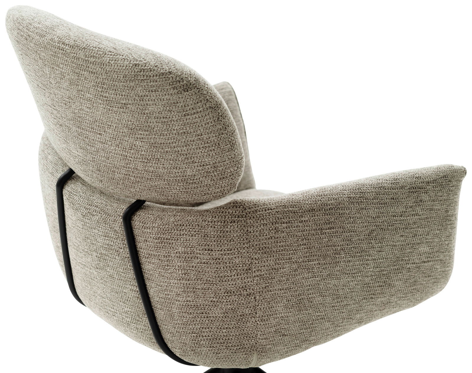 Rückansicht eines modernen Sessels mit hellgrauem Stoffbezug und schwarzem Metallgestell.