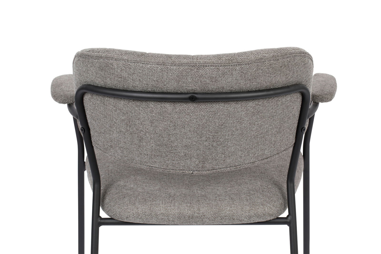 Rückansicht eines grauen Armlehnenstuhls mit schwarzem Metallrahmen.