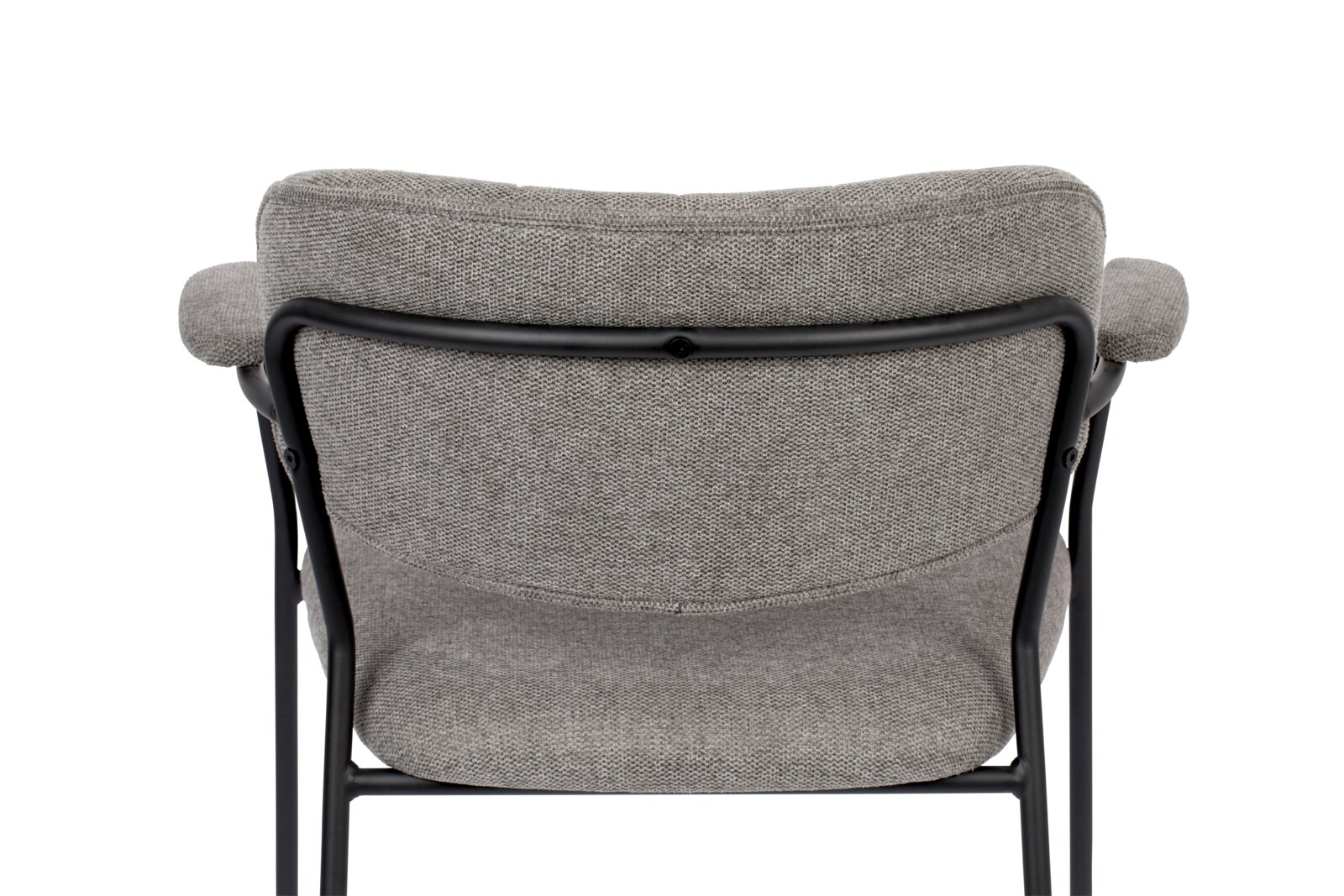 Rückansicht eines grauen Armlehnenstuhls mit schwarzem Metallrahmen.