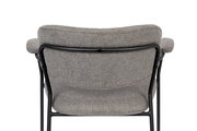 Rückansicht eines grauen Armlehnenstuhls mit schwarzem Metallrahmen.