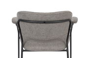 Rückansicht eines grauen Armlehnenstuhls mit schwarzem Metallrahmen.