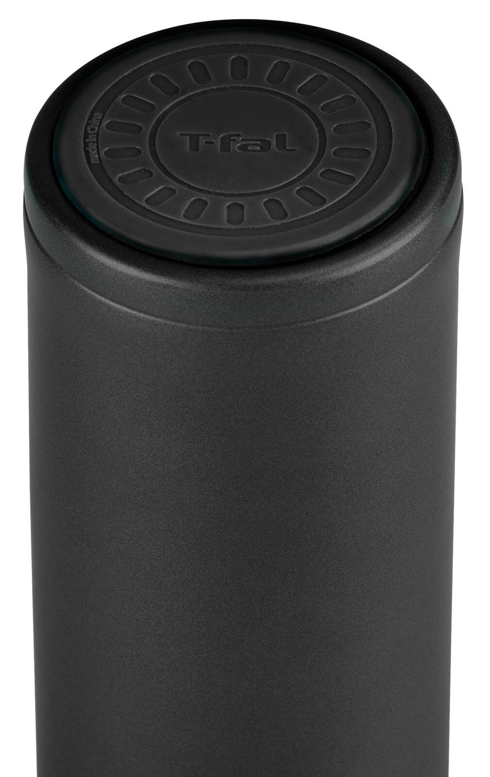 Schwarzer Becher mit T-fal-Logo, Ansicht von oben