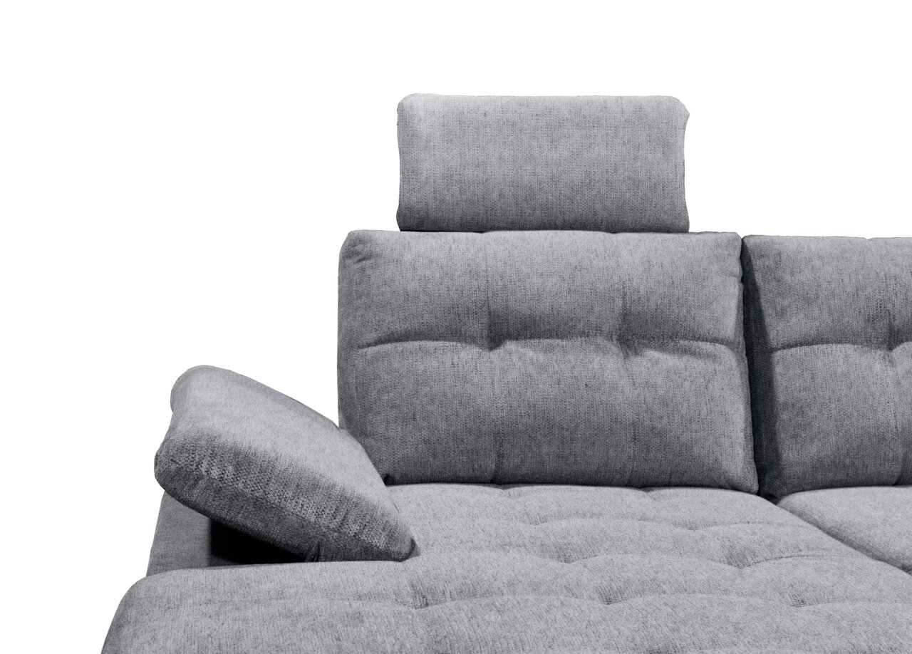 Graues Sofa mit verstellbarer Rückenlehne und Kopfstütze, seitliche Perspektive