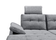 Graues Sofa mit verstellbarer Rückenlehne und Kopfstütze, seitliche Perspektive