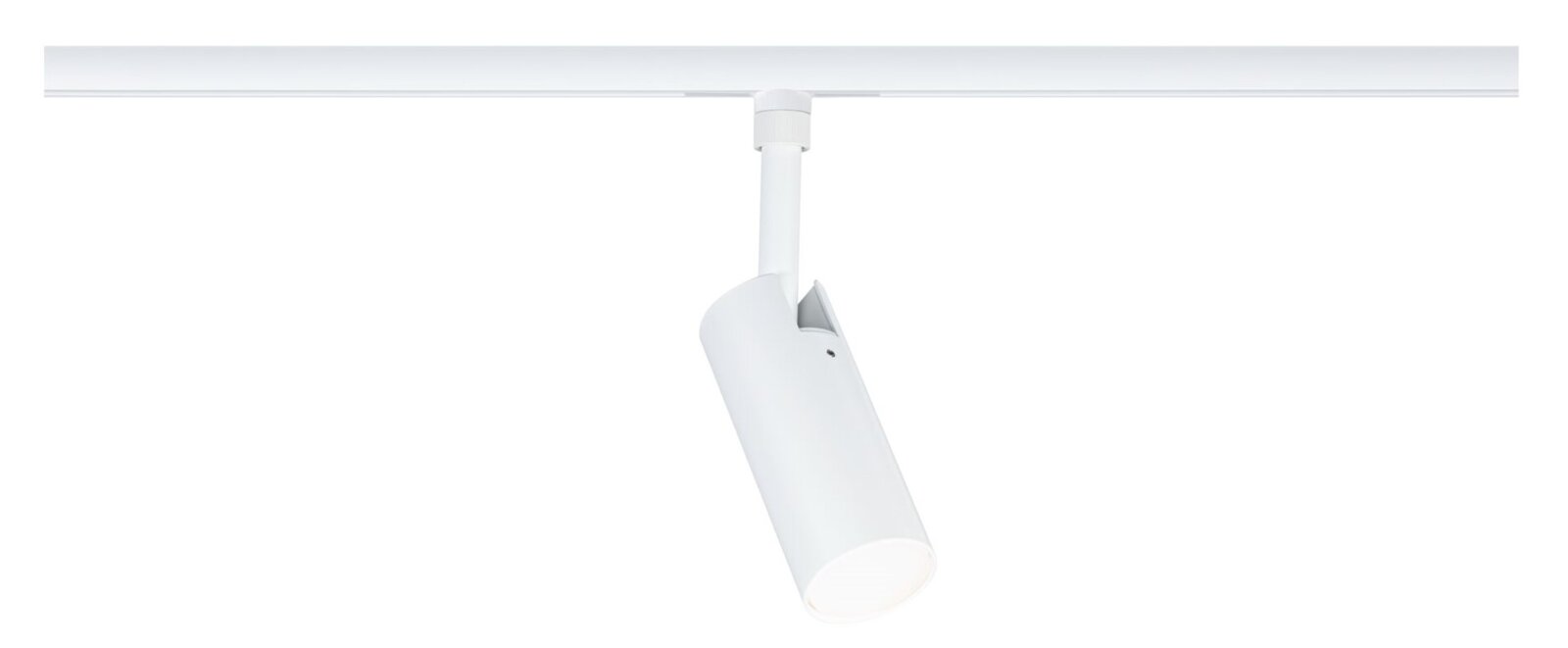 Weiße zylindrische LED-Schienenleuchte (Spot) an Stromschiene, schräg von vorne/unten in leichter Seitenansicht fotografiert