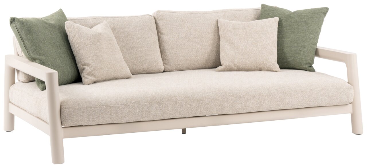 Beiges Loungesofa 3-Sitzer mit grünen und beigen Kissen, seitliche Perspektive