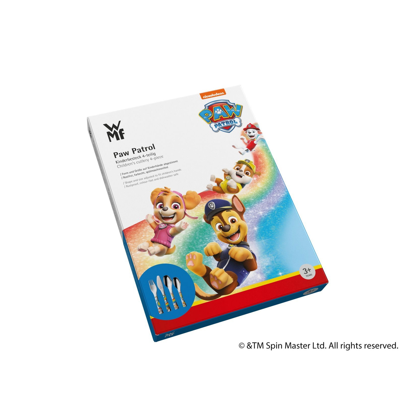 WMF Kinderbesteck 4-tlg. Paw Patrol Paw Patrol Kinderset 4-teilig, Verpackung mit buntem Design und Paw Patrol Charakteren, schräg von oben fotografiert