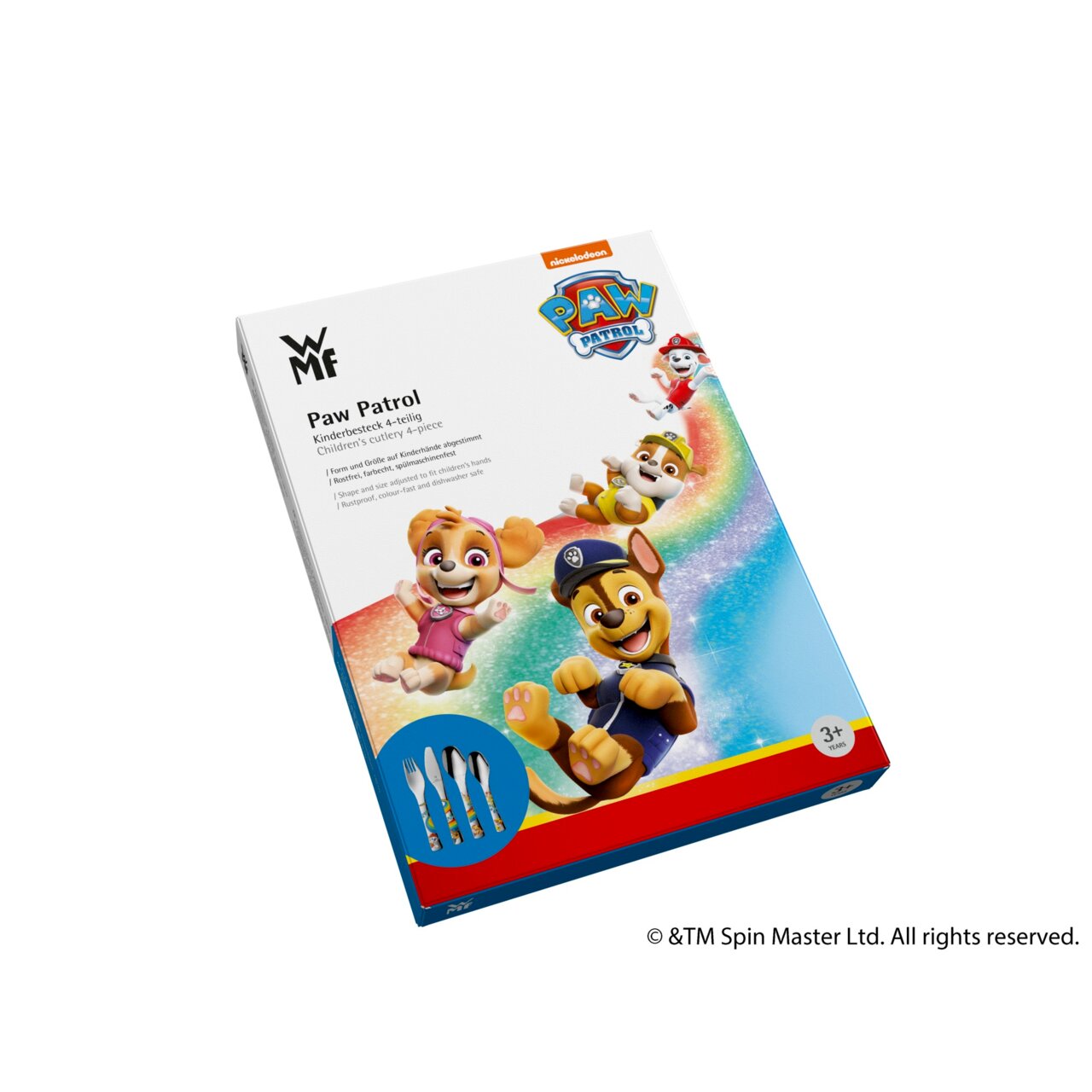 Paw Patrol-kinderset (4-delig), verpakking met kleurrijk ontwerp en Paw Patrol-figuren, schuin van bovenaf gefotografeerd