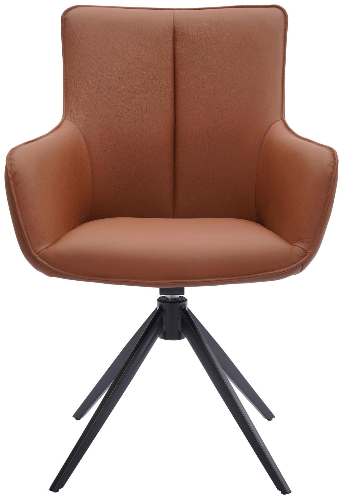 Brauner Armlehnstuhl mit schwarzem Metallgestell, Frontalansicht