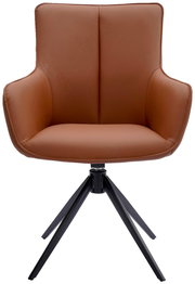 Brauner Armlehnstuhl mit schwarzem Metallgestell, Frontalansicht