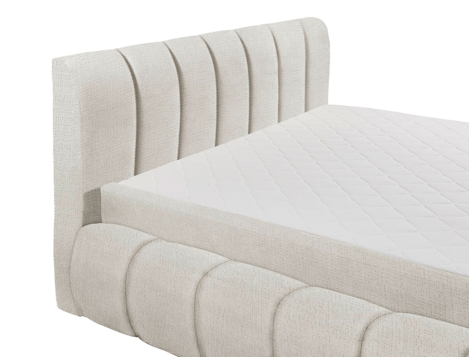 Seitliche Ansicht eines eleganten Polsterbetts mit gestepptem Kopfteil und weißer Matratze.