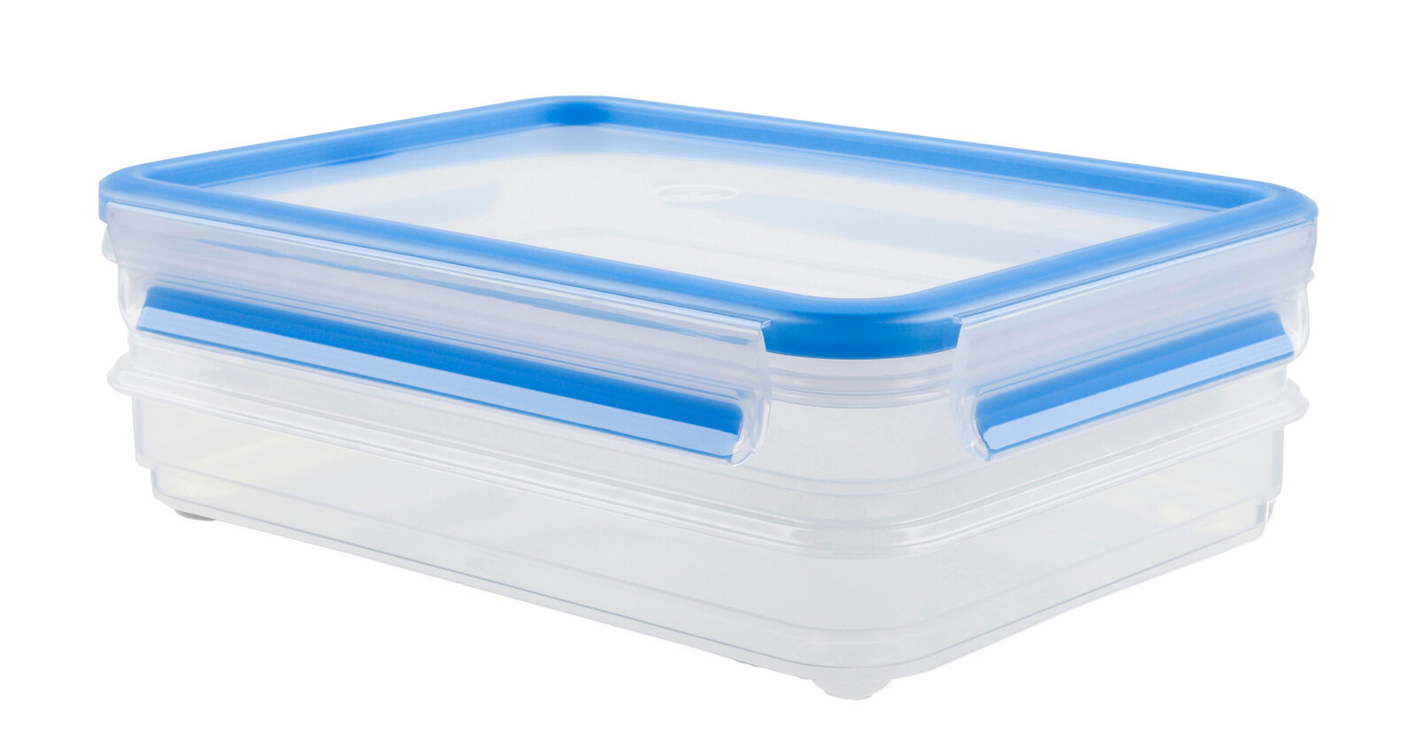 Transparente Aufschnittbox mit blauem Deckel und Verschluss, seitliche Perspektive