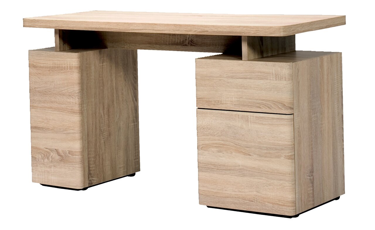 Moderner Schreibtisch aus hellem Holz mit zwei Schubladen, seitliche Perspektive