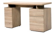 Moderner Schreibtisch aus hellem Holz mit zwei Schubladen, seitliche Perspektive
