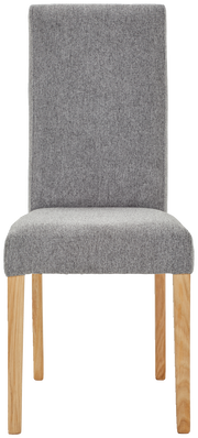 Grauer Stuhl mit Holzbeinen, Frontalansicht