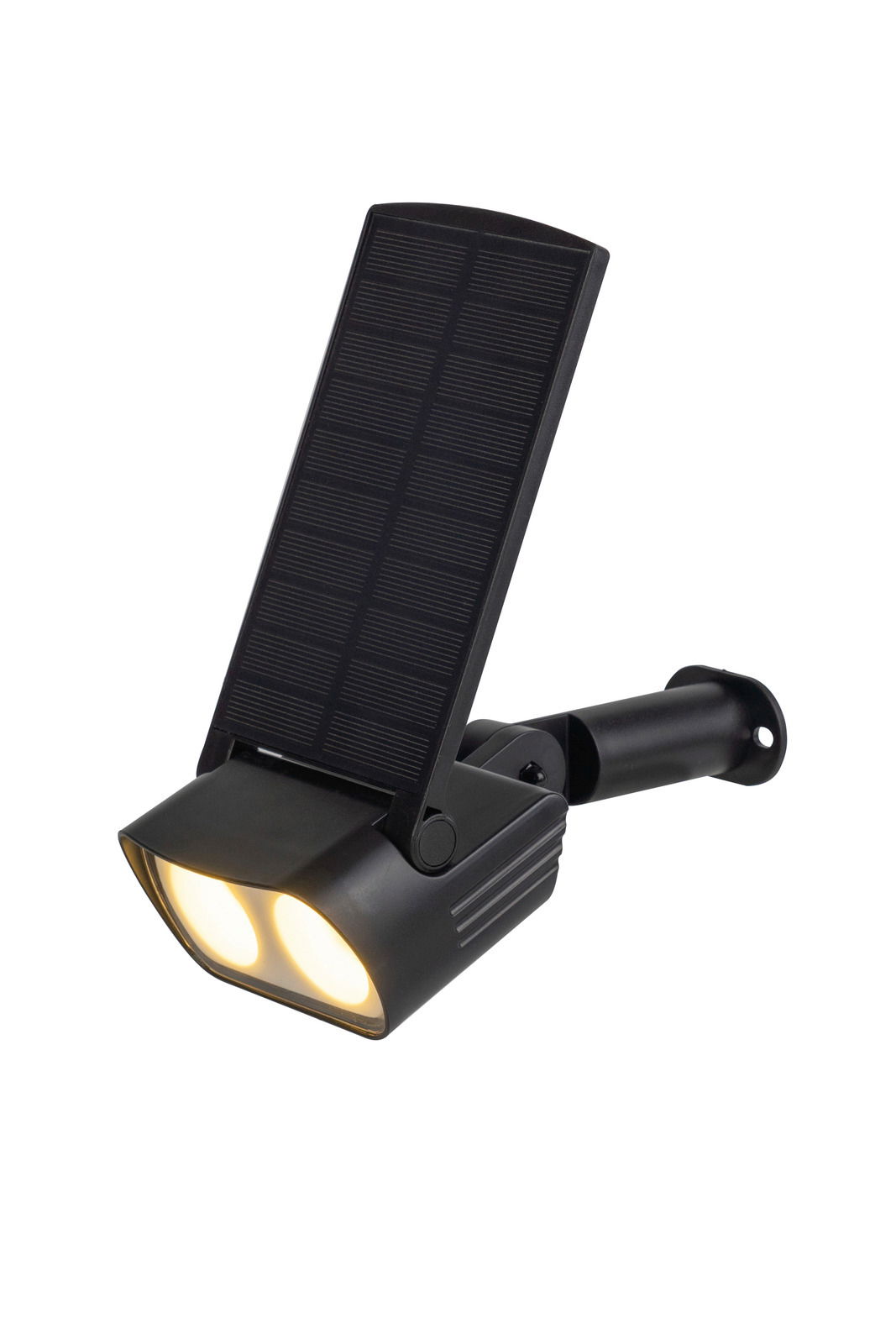 Schwarze Solarleuchte mit zwei LED-Lampen und einem Solarpanel, seitliche Perspektive