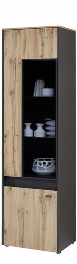 Vitrine STUDIO 10 in Holzoptik mit schwarzem Rahmen, frontal fotografiert. Enthält dekorative weiße Objekte auf den Regalen.