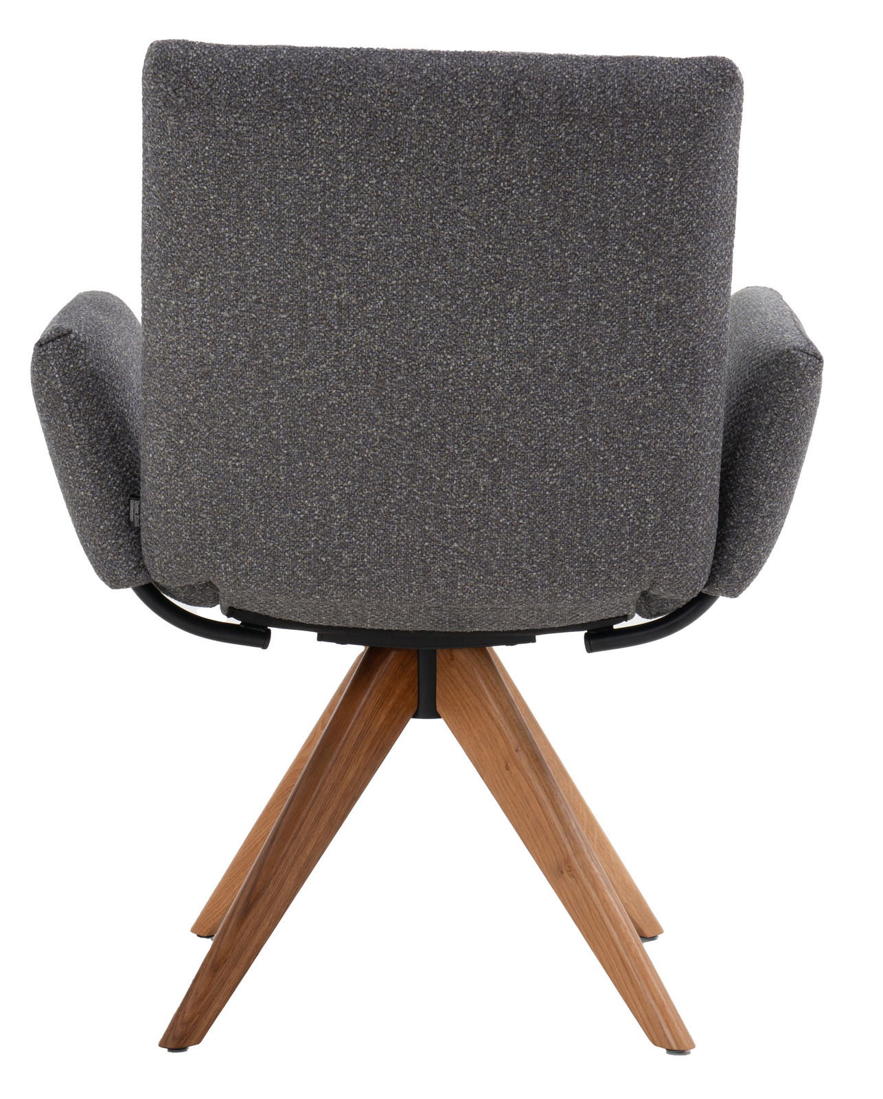 Rückansicht eines grauen Armlehnstuhls mit Holzbeinen, Modell COCOON von Dieter Knoll.