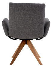 Rückansicht eines grauen Armlehnstuhls mit Holzbeinen, Modell COCOON von Dieter Knoll.