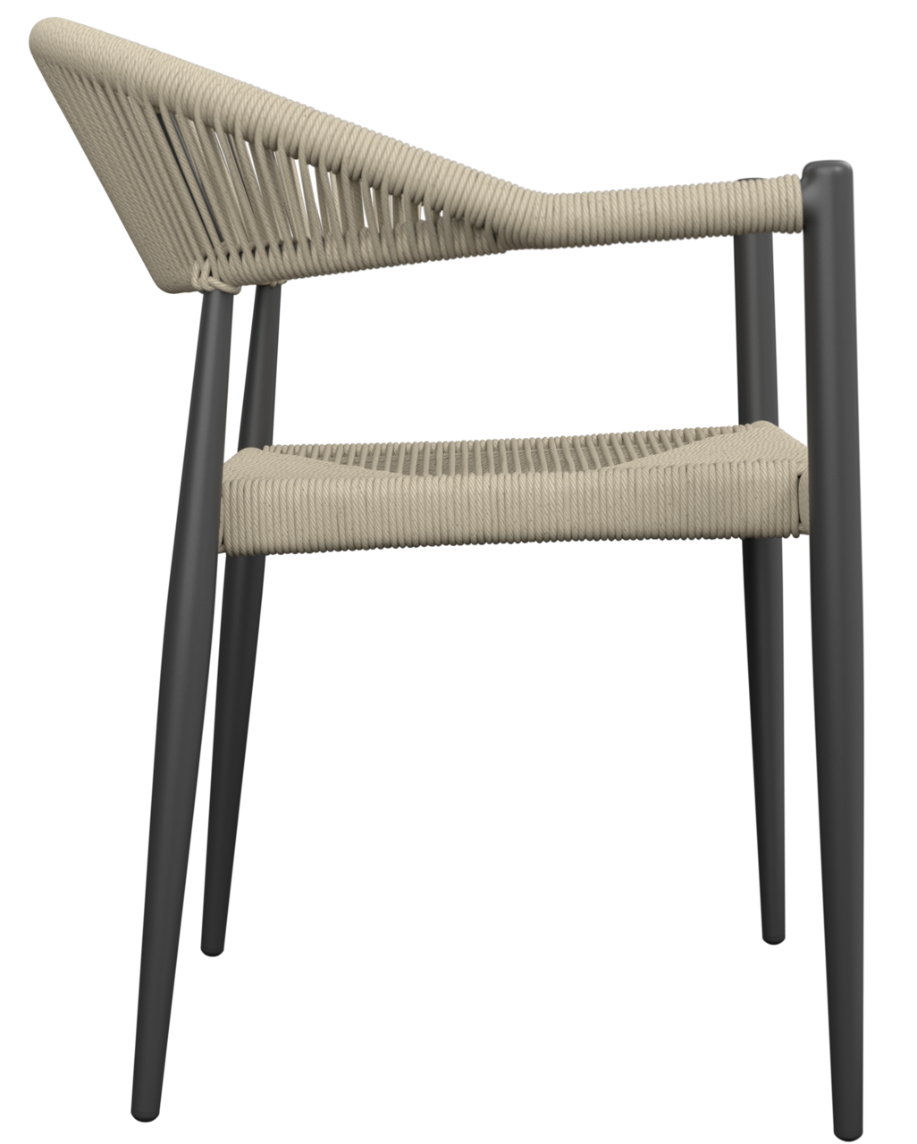 Seitenansicht eines modernen Stapelsessels mit schwarzem Metallrahmen und beigem Seilgeflecht.